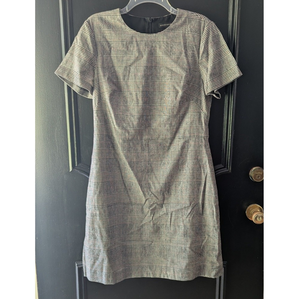 Banana Republic Sheath Dress‎ Grey Glen Plaid Wool Blend Sz 12 Timeless Office